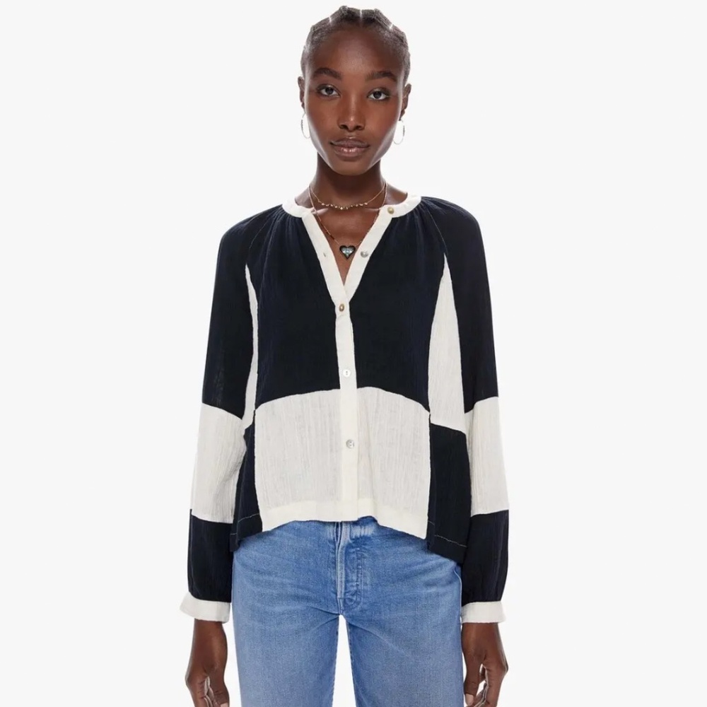 MOTHER Black and White Colorblock Button-Up Blouse